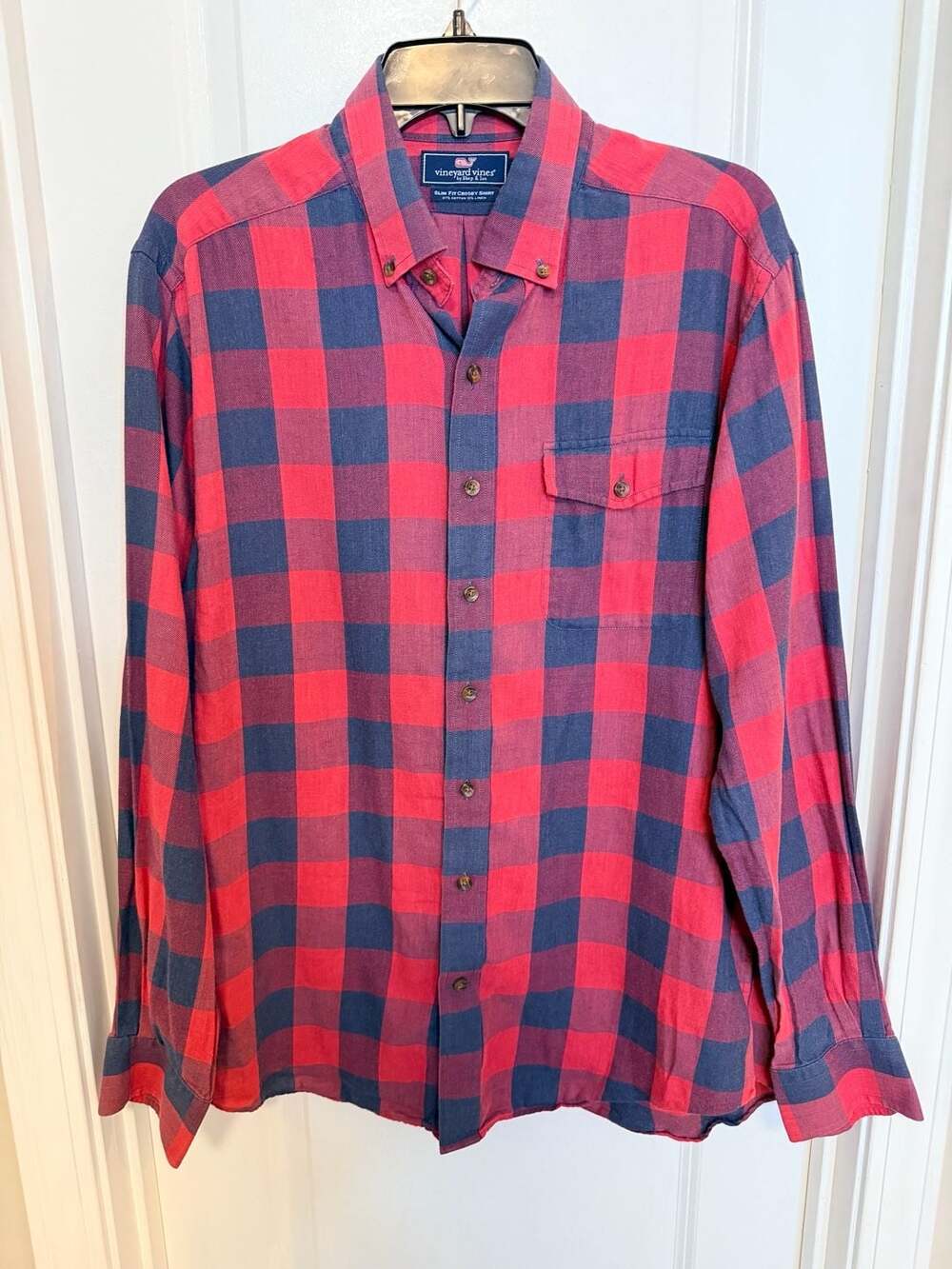 Vineyard Vines Slim Fit Crosby Shirt Size L Red Blue Plaid Long Sleeve